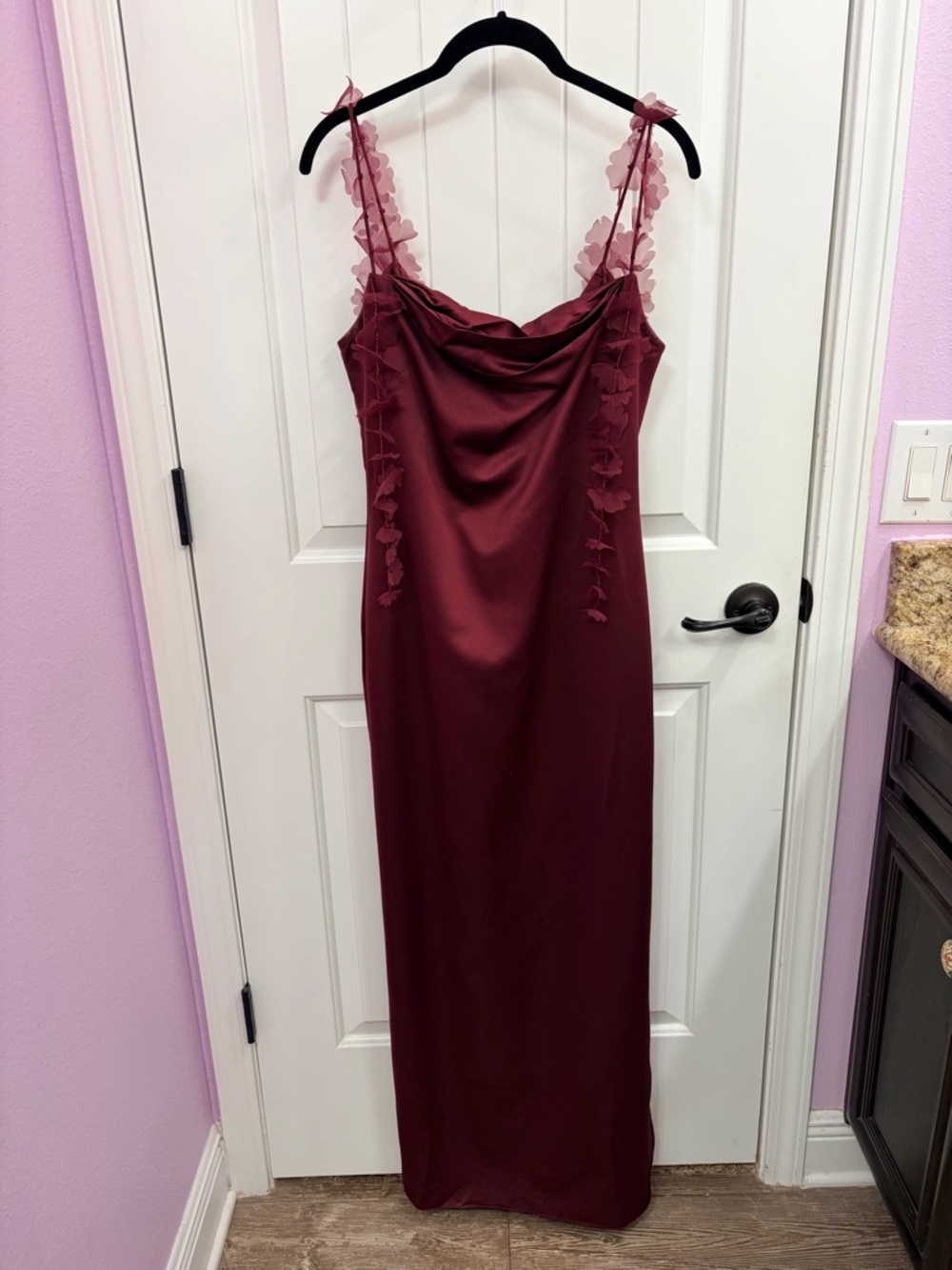 Anthropology Women’s Satin Slip Dress with Floral Strap Detail - Burgundy